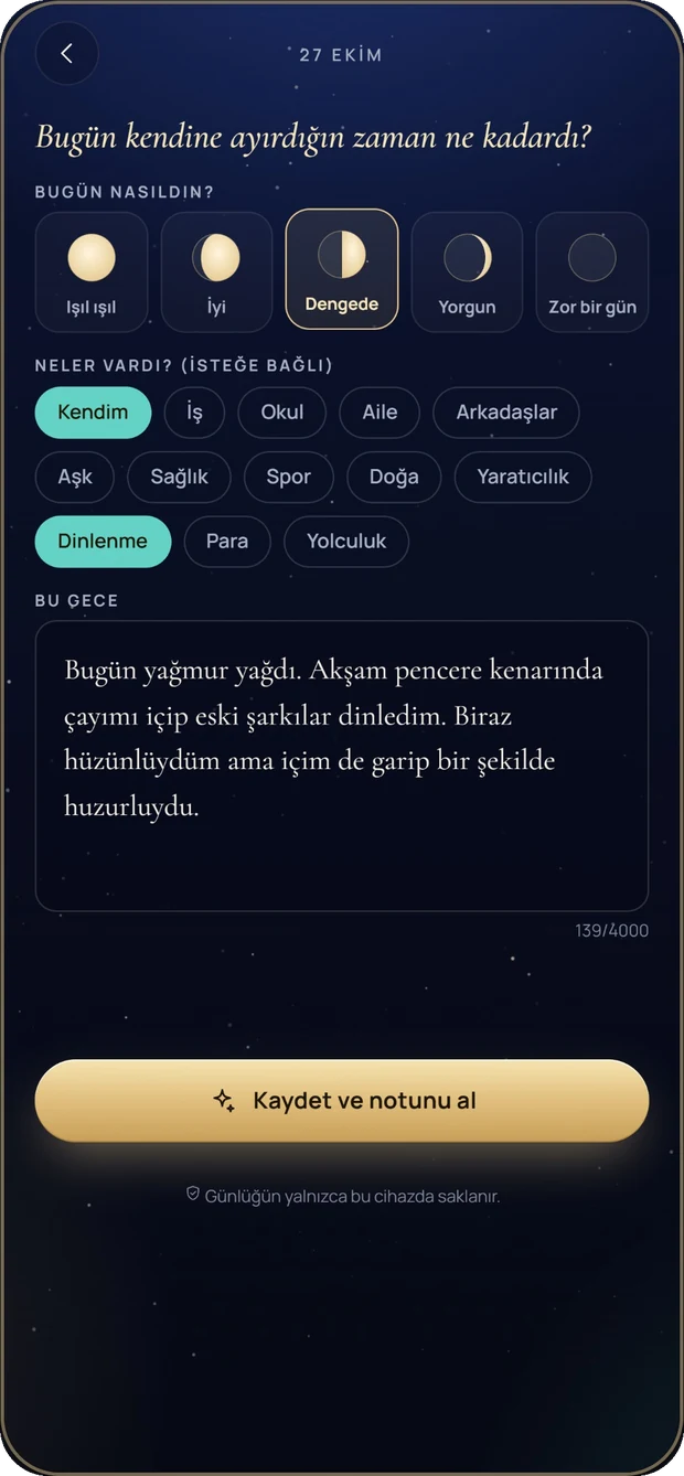 Ruh hâli seçimi ve günlük yazma ekranı